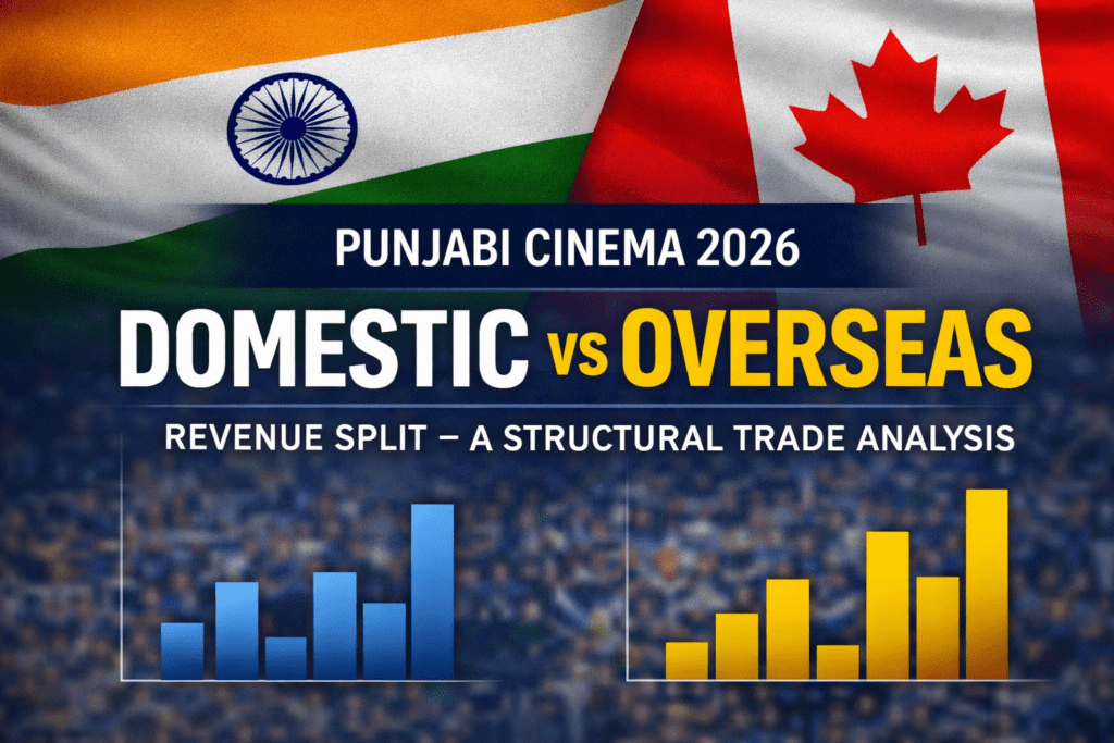 Thumbnail showing Punjabi Cinema 2026 domestic vs overseas revenue split with Indian and Canadian flags and comparative bar graphs.