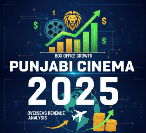Text-based thumbnail showing “Punjabi Cinema 2025” with highlights on box office growth, budget trends, and overseas revenue. Trade and industry analysis perspective, designed for article visibility and SEO.