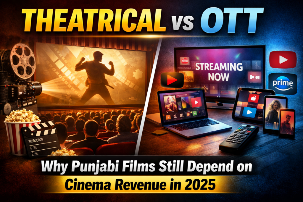 Text-based thumbnail illustrating theatrical vs OTT comparison for Punjabi films, highlighting why cinema revenue remains crucial in 2025 – trade analysis by PollywoodBoxOffice.com