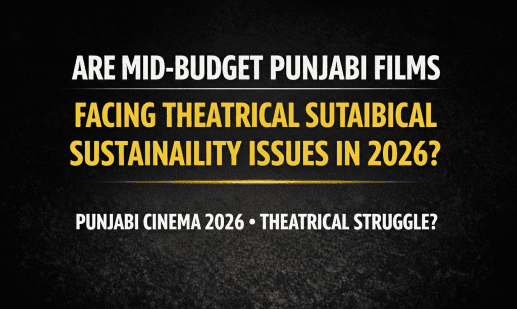 Thumbnail showing a trade-focused analysis of mid-budget Punjabi films and their theatrical sustainability in 2026, with bold white and yellow text, subtle film reel, and stacked coins graphics representing box office and financial performance.
