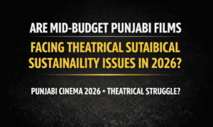 Thumbnail showing a trade-focused analysis of mid-budget Punjabi films and their theatrical sustainability in 2026, with bold white and yellow text, subtle film reel, and stacked coins graphics representing box office and financial performance.