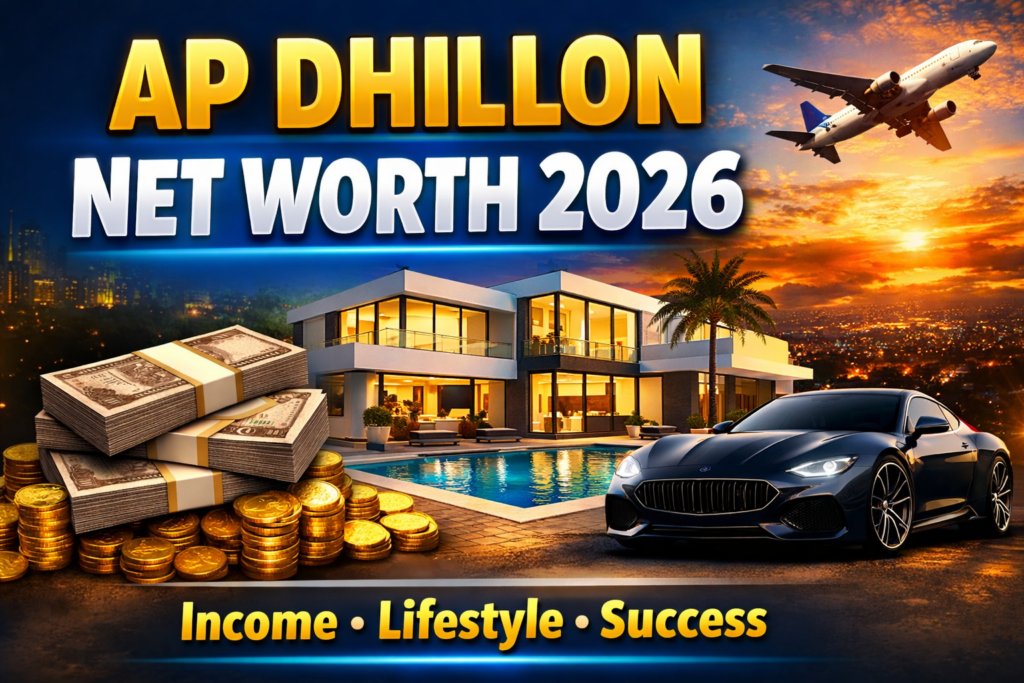 AP Dhillon net worth 2026 thumbnail with luxury house, car, cash, and global success theme