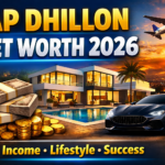 AP Dhillon net worth 2026 thumbnail with luxury house, car, cash, and global success theme
