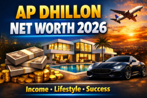 AP Dhillon net worth 2026 thumbnail with luxury house, car, cash, and global success theme