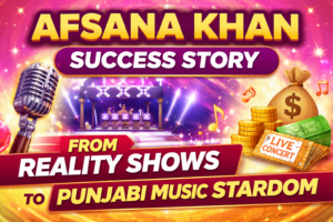 Afsana Khan success story thumbnail showing journey from reality shows to Punjabi music stardom with microphone and concert theme