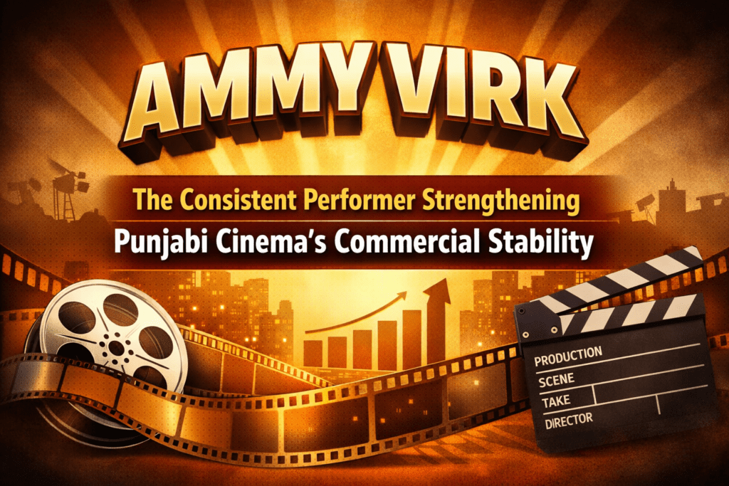 Ammy Virk article thumbnail showing Punjabi cinema growth concept with film reel, clapperboard, and rising box office graph without celebrity image.