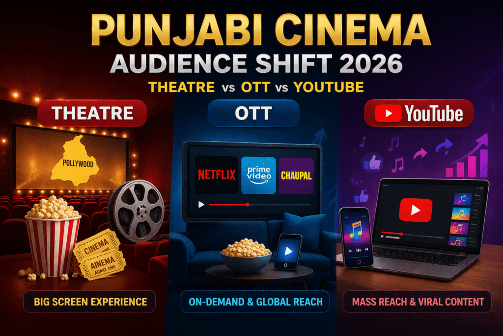 Punjabi cinema audience shift 2026 thumbnail showing theatre vs OTT vs YouTube with cinema hall, streaming platforms, and mobile viewing graphics