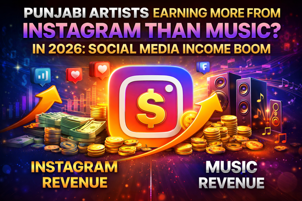 Punjabi artists Instagram income vs music earnings thumbnail showing social media revenue growth with money icons, graph and music elements