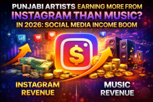 Punjabi artists Instagram income vs music earnings thumbnail showing social media revenue growth with money icons, graph and music elements