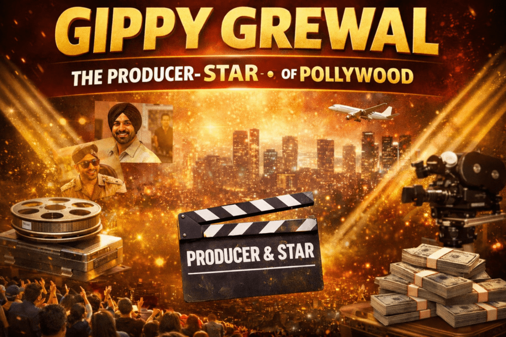 Gippy Grewal producer star Punjabi cinema trade analysis thumbnail with film reels, clapperboard and box office theme