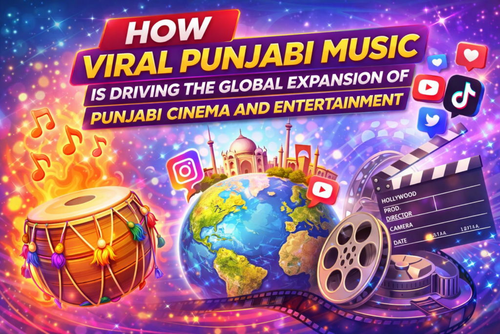 Thumbnail showing how viral Punjabi music helps expand Punjabi cinema globally with dhol drum, globe, music notes, and film reel.