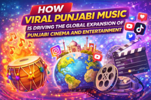 Thumbnail showing how viral Punjabi music helps expand Punjabi cinema globally with dhol drum, globe, music notes, and film reel.