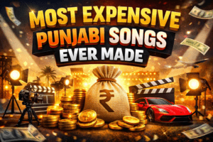 Most Expensive Punjabi Songs thumbnail with money bag, film camera, luxury car and studio lights representing high budget music production