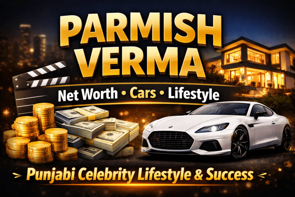 Parmish Verma estimated net worth concept thumbnail showing luxury car, money stacks, film clapperboard, and mansion representing Punjabi celebrity lifestyle