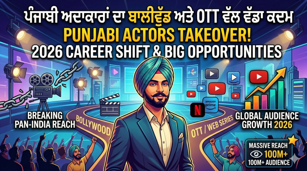 Punjabi actors entering Bollywood and OTT 2026 thumbnail showing career shift from Pollywood to Hindi films and streaming platforms
