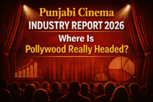 Punjabi Cinema Industry Report 2026 thumbnail featuring bold typography on a red theatrical background with audience silhouettes and financial growth charts, highlighting Pollywood industry analysis.