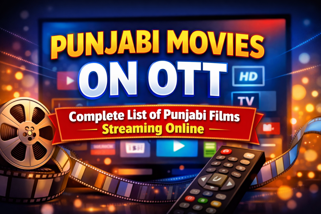 Punjabi movies on OTT streaming online complete list thumbnail with film reel and OTT screen graphics