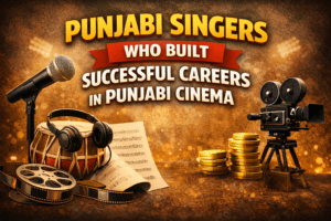 Thumbnail showing microphone, tabla, headphones, film camera and film reel representing Punjabi singers transitioning into Punjabi cinema.