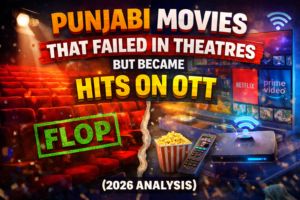 Punjabi movies flop in theatres but become hits on OTT thumbnail showing cinema hall, OTT screen, remote, and popcorn