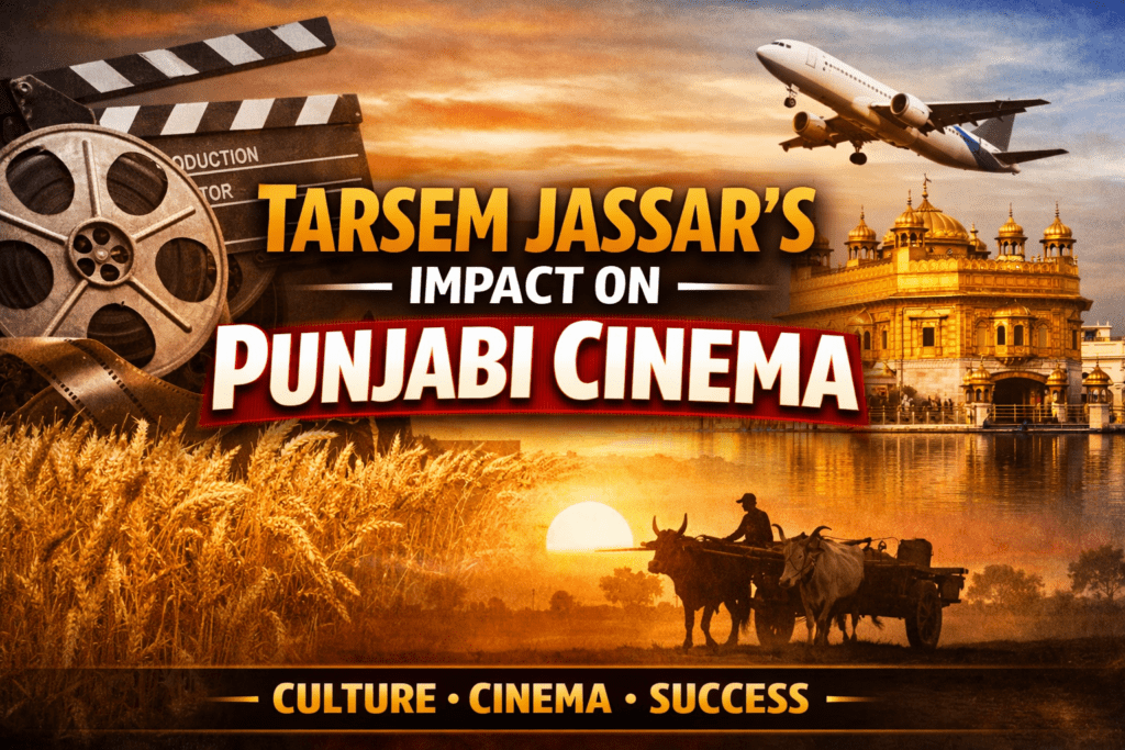Tarsem Jassar impact on Punjabi cinema concept thumbnail with Punjabi culture visuals, film reel, Golden Temple, farmland and cinematic elements.