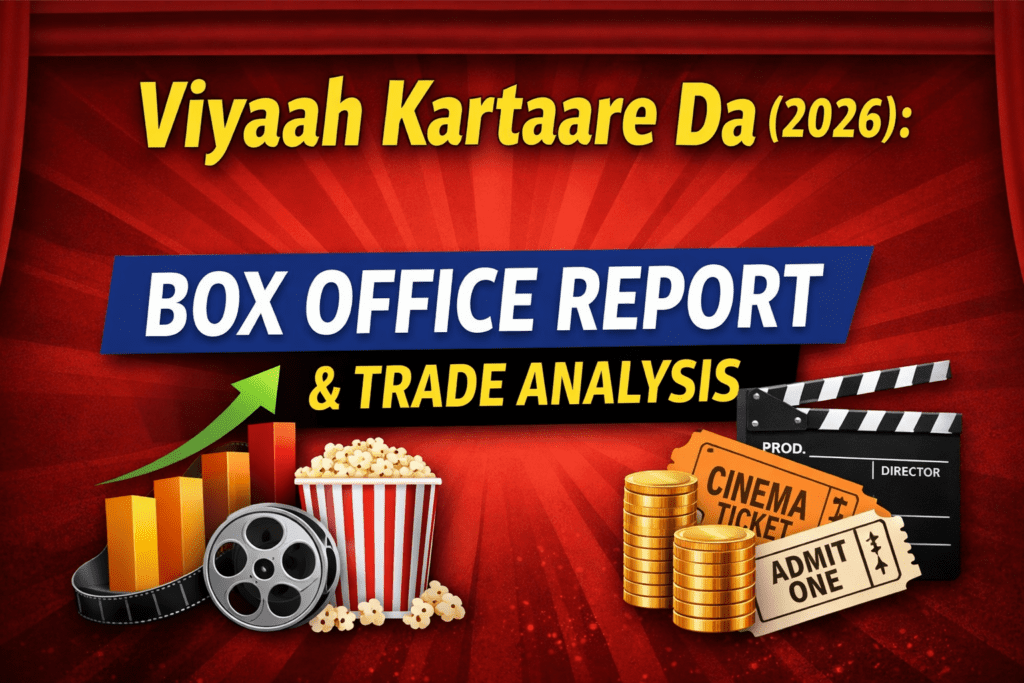 Thumbnail for Viyaah Kartaare Da (2026) box office report and trade analysis, featuring film-themed graphics, bar chart, popcorn, cinema tickets, and coins.