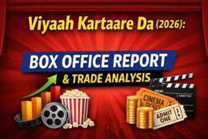 Thumbnail for Viyaah Kartaare Da (2026) box office report and trade analysis, featuring film-themed graphics, bar chart, popcorn, cinema tickets, and coins.