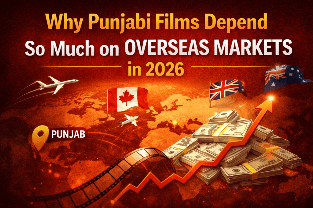 Thumbnail for “Why Punjabi Films Depend So Much on Overseas Markets in 2026” featuring a world map, Canada, UK and Australia flags, rising revenue graph, film reel, and currency stacks symbolizing overseas box office growth.