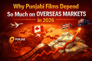 Thumbnail for “Why Punjabi Films Depend So Much on Overseas Markets in 2026” featuring a world map, Canada, UK and Australia flags, rising revenue graph, film reel, and currency stacks symbolizing overseas box office growth.