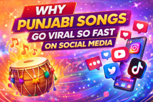 Thumbnail explaining why Punjabi songs go viral so fast on social media featuring dhol drum, music notes, and social media icons.