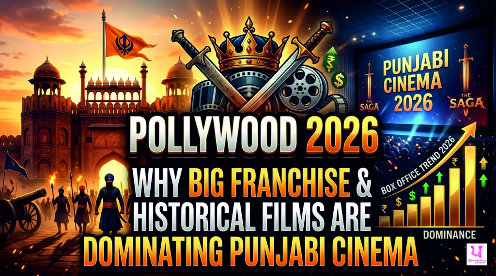 Pollywood Box Office Trend 2026 thumbnail showing film reels, cinema screens, and historical Punjabi elements representing franchise and period film dominance