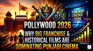 Pollywood Box Office Trend 2026 thumbnail showing film reels, cinema screens, and historical Punjabi elements representing franchise and period film dominance
