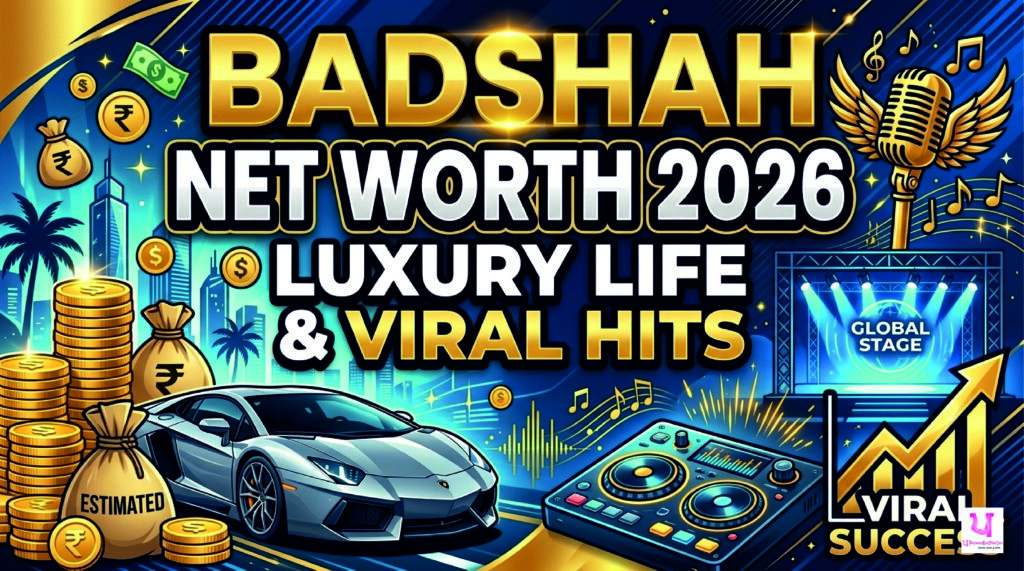 Badshah net worth 2026 thumbnail featuring luxury cars, gold elements, music icons, and digital streaming visuals representing success and viral music growth