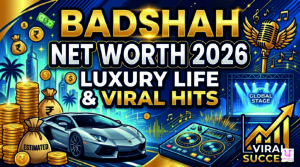 Badshah net worth 2026 thumbnail featuring luxury cars, gold elements, music icons, and digital streaming visuals representing success and viral music growth