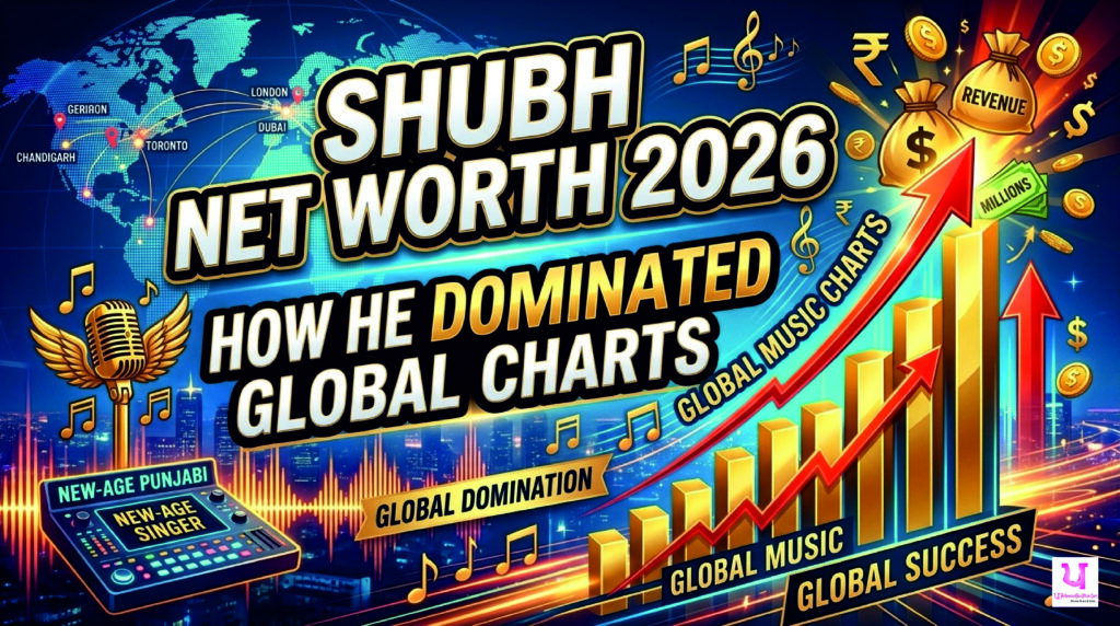 Shubh net worth 2026 thumbnail showing modern Punjabi music theme with microphone, headphones, and global streaming elements representing viral success