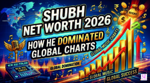 Shubh net worth 2026 thumbnail showing modern Punjabi music theme with microphone, headphones, and global streaming elements representing viral success