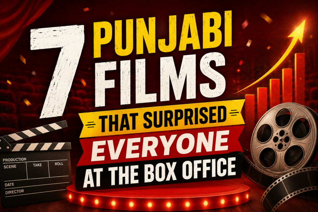 Illustration-style thumbnail showing Punjabi film reels, cinema elements, and rising box office graphics with text about surprise Punjabi movie hits.