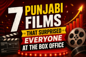 Illustration-style thumbnail showing Punjabi film reels, cinema elements, and rising box office graphics with text about surprise Punjabi movie hits.