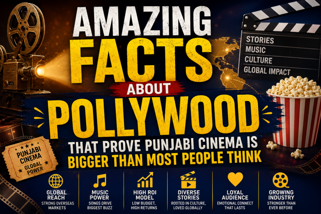 Bold cinematic thumbnail about amazing facts of Pollywood featuring Punjabi cinema themes, global reach icons, film reels, popcorn, and powerful typography highlighting the worldwide success of Punjabi films.
