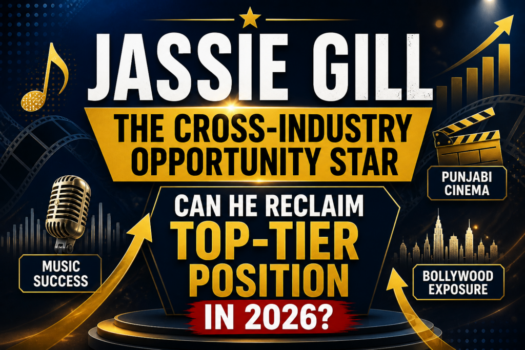 Jassie Gill trade analysis 2026 thumbnail with gold text, music and film icons, and growth arrows without celebrity image