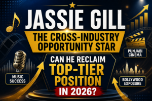 Jassie Gill trade analysis 2026 thumbnail with gold text, music and film icons, and growth arrows without celebrity image