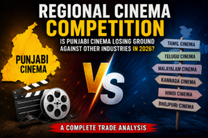 Regional Cinema Competition thumbnail showing Punjabi cinema competing against Tamil, Telugu, Malayalam, Kannada, Hindi, and Bhojpuri film industries with cinematic graphics and bold trade-analysis text.