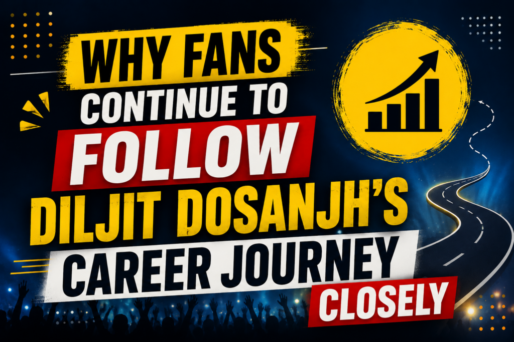 Illustration representing why fans continue to follow Diljit Dosanjh's career journey, featuring growth symbols, audience silhouettes, and a success-themed design.