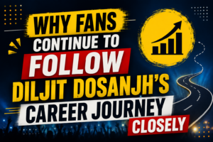 Illustration representing why fans continue to follow Diljit Dosanjh's career journey, featuring growth symbols, audience silhouettes, and a success-themed design.