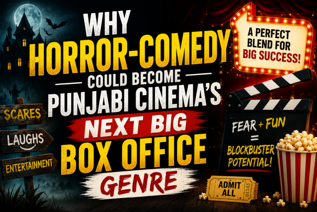 Cinematic horror-comedy themed thumbnail featuring a haunted house, popcorn, movie clapboard, spooky visuals, and bold typography about Punjabi cinema’s next big box office genre.