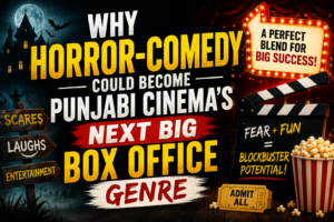 Cinematic horror-comedy themed thumbnail featuring a haunted house, popcorn, movie clapboard, spooky visuals, and bold typography about Punjabi cinema’s next big box office genre.