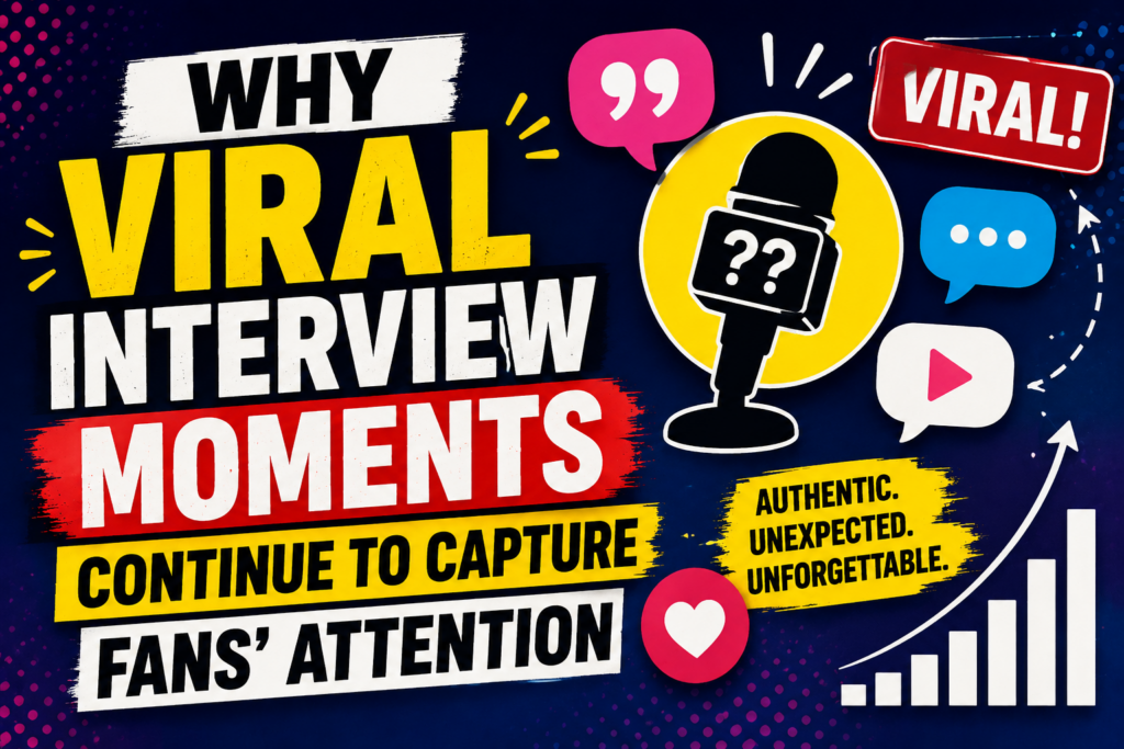Graphic illustration featuring a microphone, social media icons, engagement symbols, and viral content elements representing popular interview moments online.