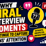 Graphic illustration featuring a microphone, social media icons, engagement symbols, and viral content elements representing popular interview moments online.