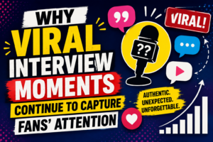 Graphic illustration featuring a microphone, social media icons, engagement symbols, and viral content elements representing popular interview moments online.