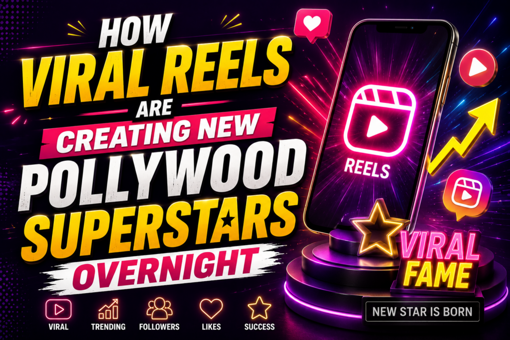 Modern social media-themed thumbnail featuring smartphone screens, viral reels icons, neon effects, trending arrows, and digital entertainment graphics representing the rise of new Pollywood superstars through viral content.