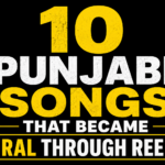 Black background thumbnail with bold yellow and white text reading "10 Punjabi Songs That Became Viral Through Reels" along with music-themed icons.